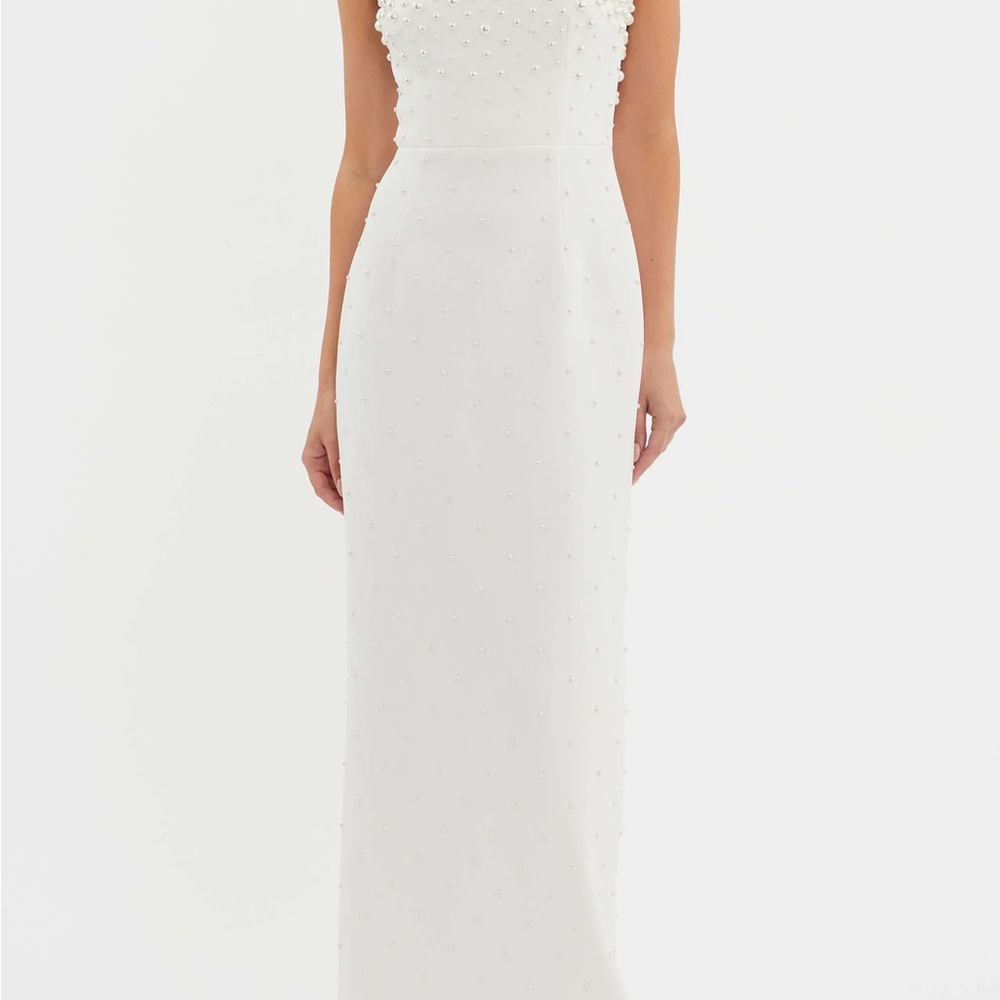 Rebecca Vallance White Strapless Pearl-Detail Column Gown